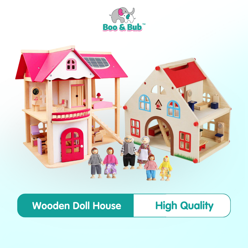 Boo&Bub Kids Pretend Play Toys Pink Wooden Dollhouse Wooden Dolls House Toys for Girls Princess Furniture set