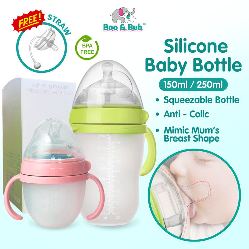 Boo&Bub Silicone Baby Bottle Wide-neck Anti-flatulence Bayi Botol Susu with straw BPA FREE