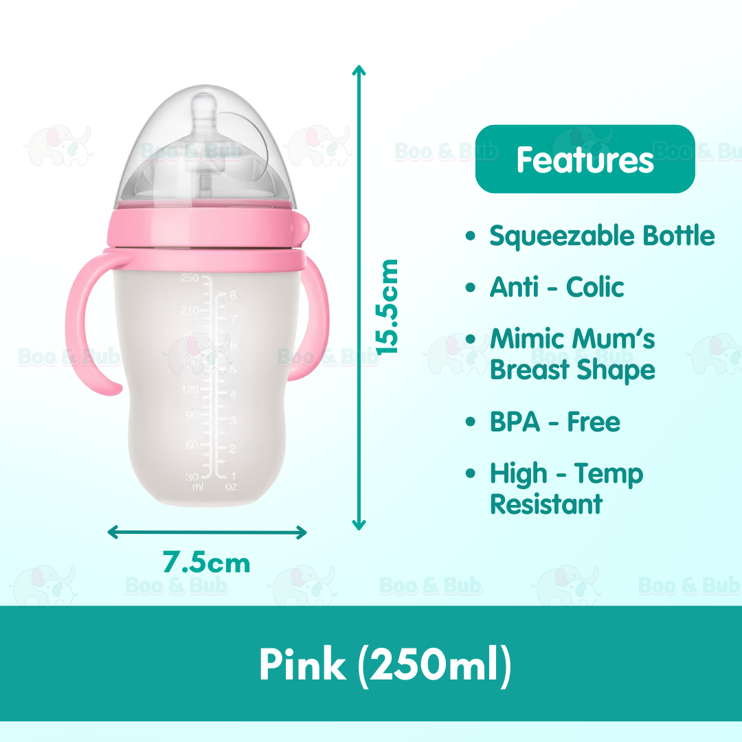 Boo&Bub Silicone Baby Bottle Wide-neck Anti-flatulence Bayi Botol Susu with straw BPA FREE - Boo & Bub