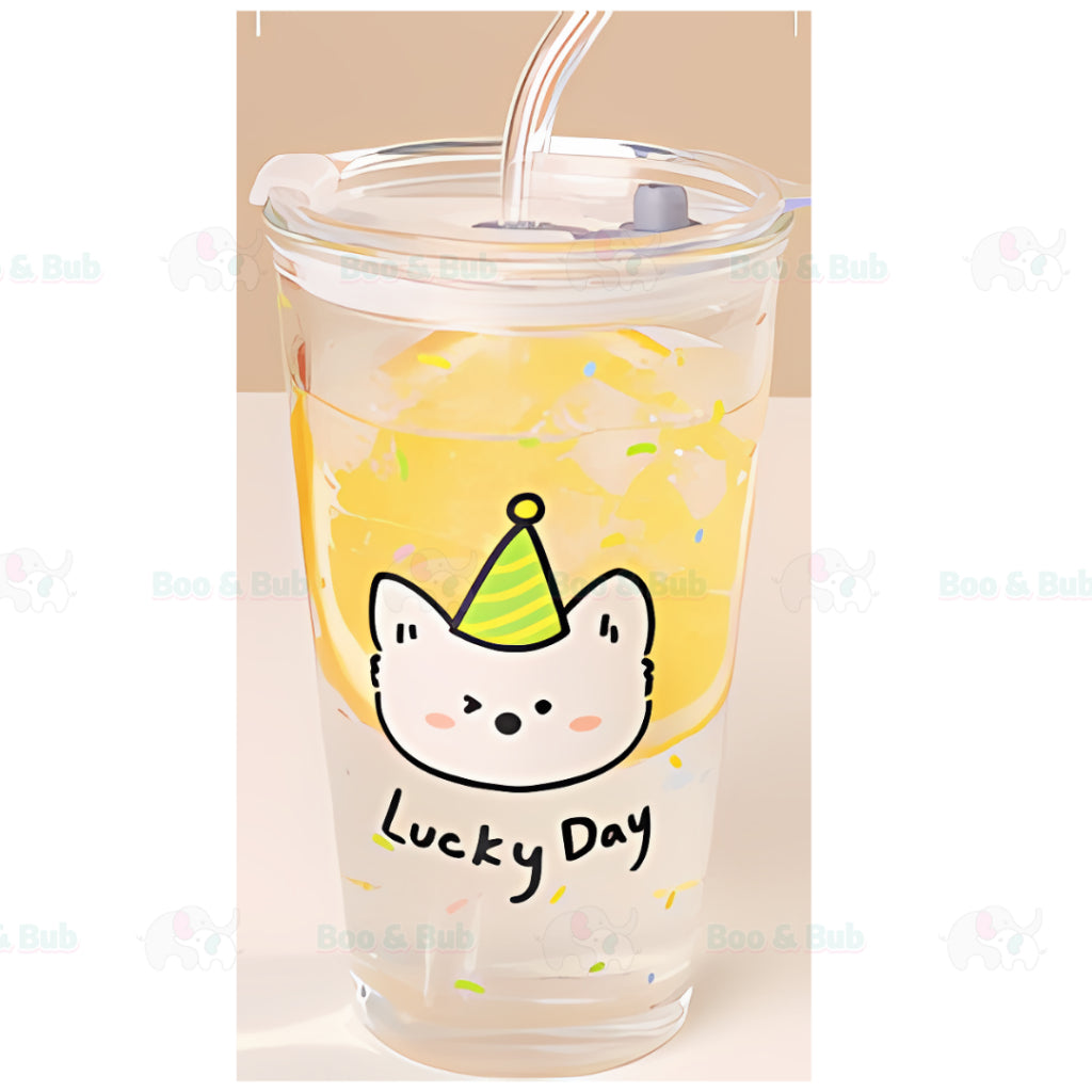 450ML Glass Cup | Juice Straw Mug with Scale Transparent Graffiti Style Kid Gift Portable Milk Drink Water Bottle - Boo & Bub