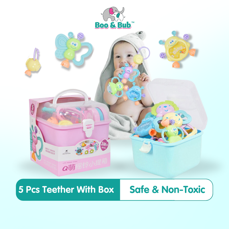 5pcs Newborn Baby Teether With Storage Box | Cartoon Animal Rattle Toys Children Early Learning Baby Teether Toys