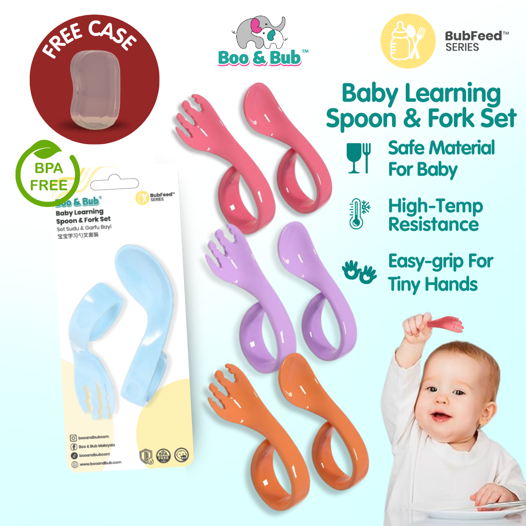 Boo&Bub Baby Curved Learning Fork Spoon (2pcs) Set with Casing Training Twisted Fork Spoon Toddler Tableware - Boo & Bub