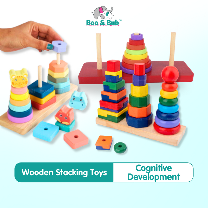 Boo&Bub Wooden Stacking Toys Rainbow stacking Ring Stacker Wooden Tower Hanoi Tower Montessori toys stacking block