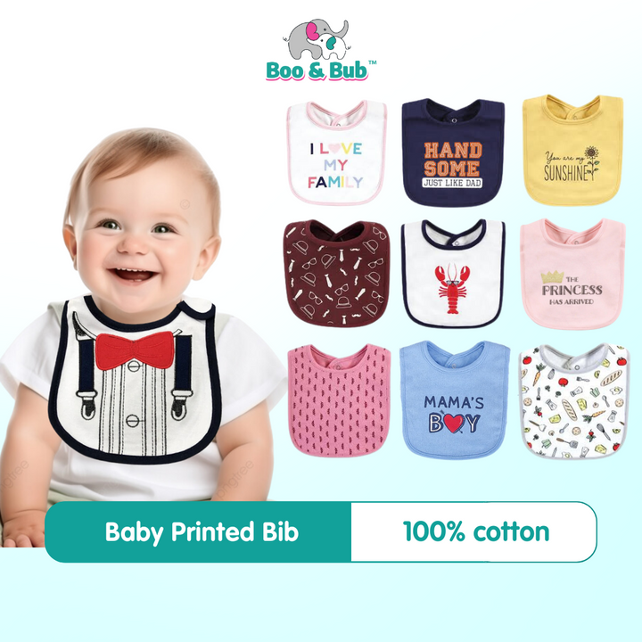 Boo&Bub Newborn Cute Print Bib | Baby Bib With Button | double layers Cartoon Character Animal - Boo & Bub