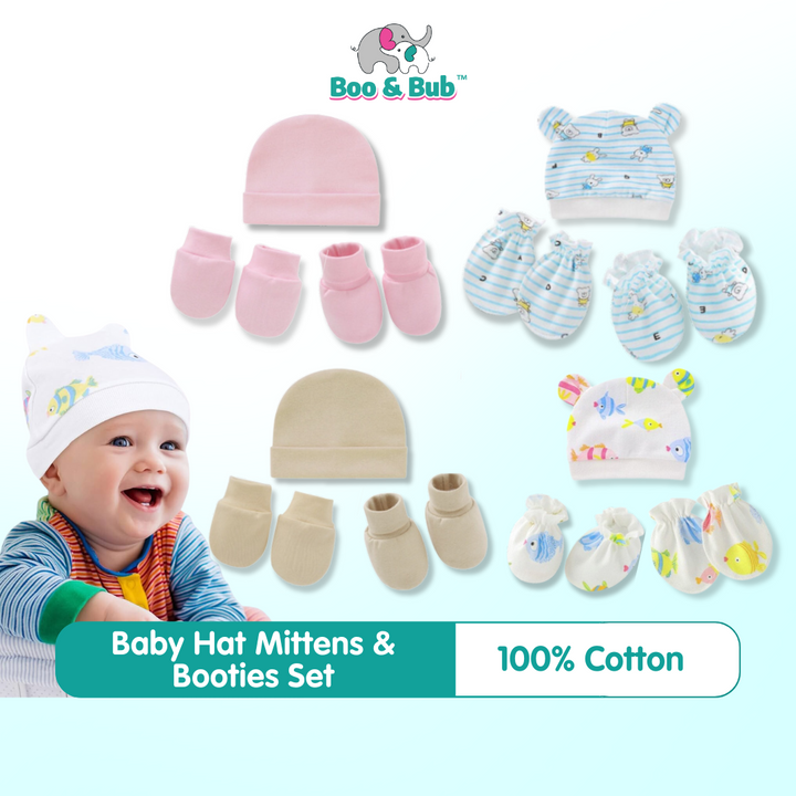 Set of 3 Newborn Cartoon Hat Gloves Socks Set for Baby Boy&Girl | Soft Cotton Booties Mittens - Boo & Bub