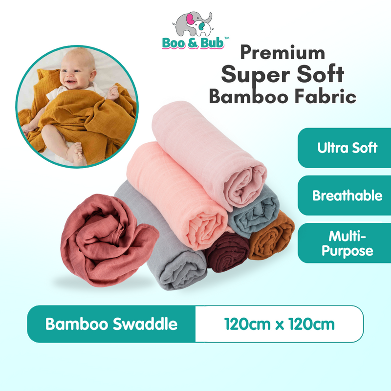 Boo&Bub Plain Color Bamboo Muslin Blanket Baby Swaddle Newborn Wrap Kain Bedung Kain Selimut Napkin Lampin