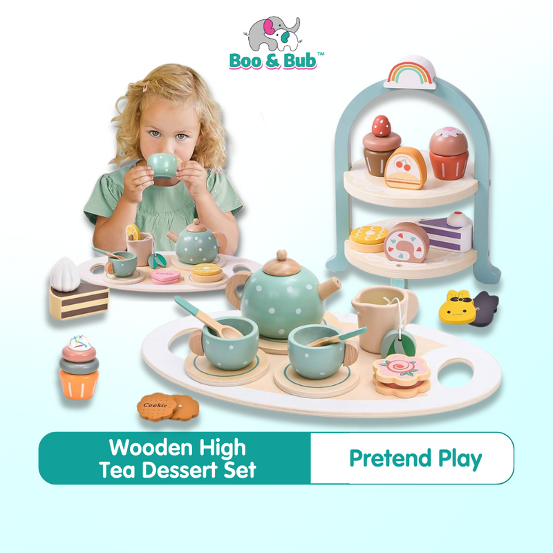 Boo&Bub Wooden dessert tea set | Pretend food cupcake set for preschool kids | Kids development toy birthday gift