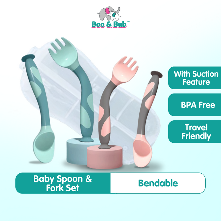 Flexible Baby spoon and fork set with travel case | Easy to hold utensils for toddler kid feeding dining set - Boo & Bub