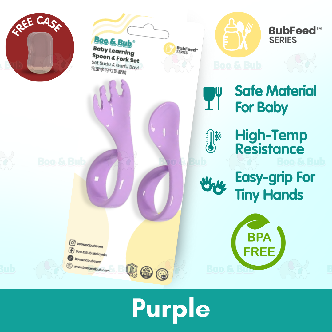 Boo&Bub Baby Curved Learning Fork Spoon (2pcs) Set with Casing Training Twisted Fork Spoon Toddler Tableware - Boo & Bub