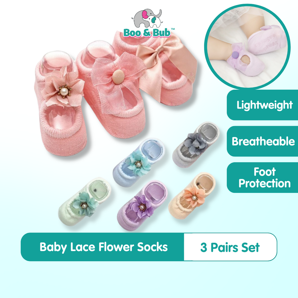 3pcs Lace Flower Newborn Baby Socks | Korean Cotton Anti-Slip Kids Sock Bow toddler Girl Spring Girls Gift - Boo & Bub