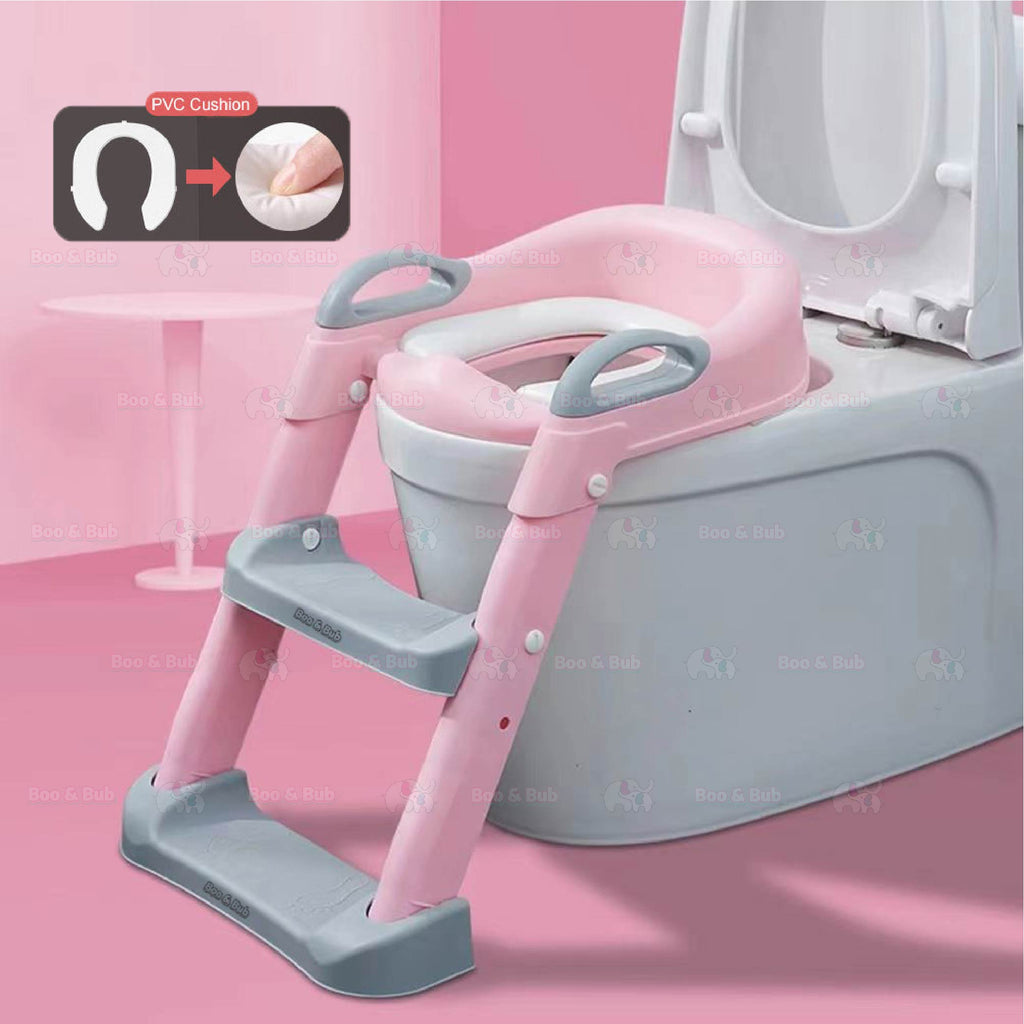 Kids Foldable Soft-Padded Cushion Toilet Training Seat With Anti-Slip Step Ladder | Potty Urinal stool training - Boo & Bub