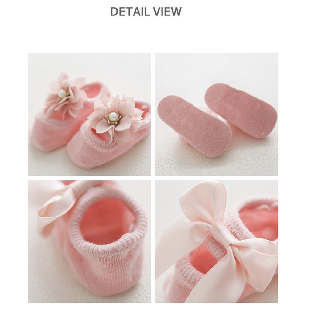 3pcs Lace Flower Newborn Baby Socks | Korean Cotton Anti-Slip Kids Sock Bow toddler Girl Spring Girls Gift - Boo & Bub