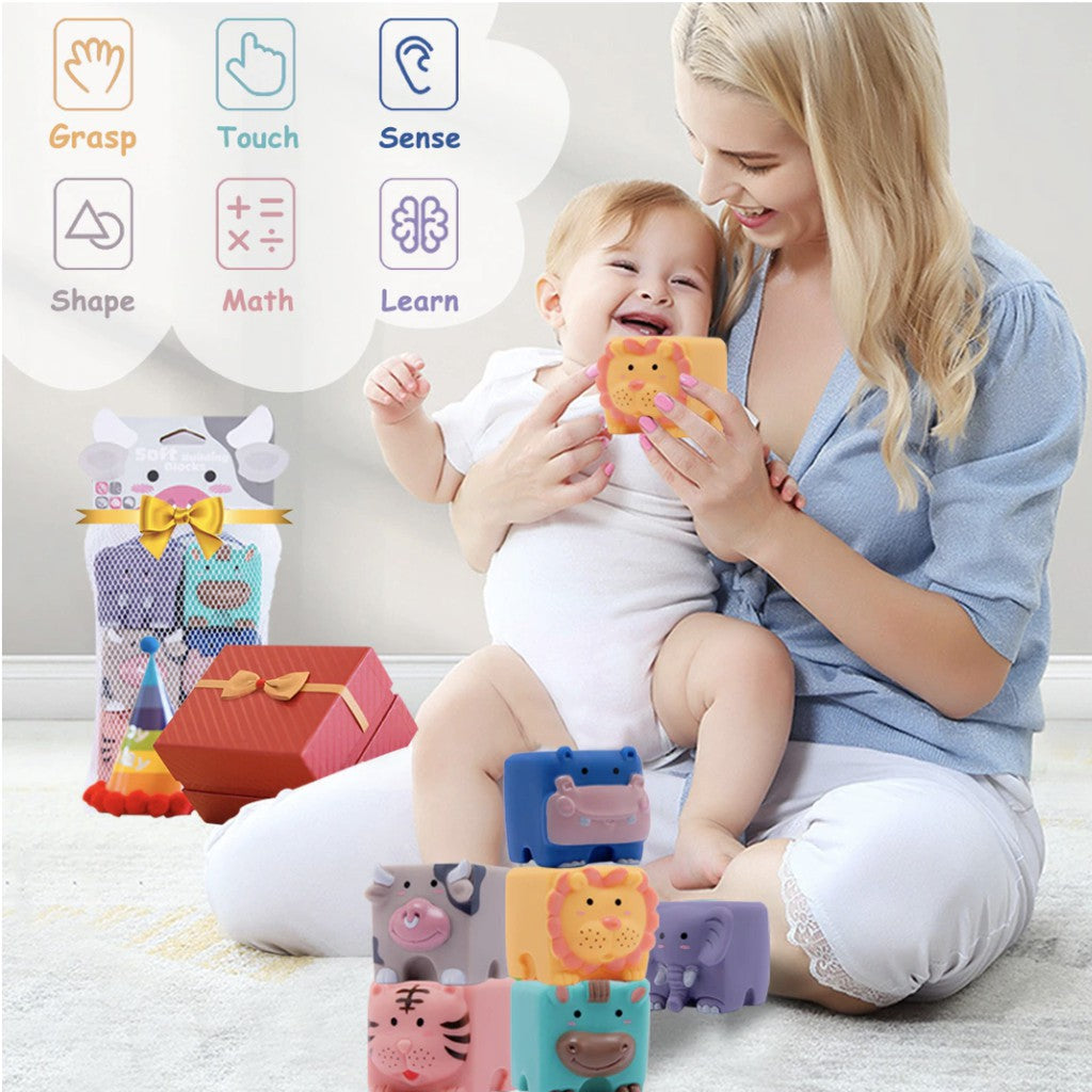 3D Baby Rubber Bath Cube Toy | Kid sensory  Building Blocks Soft Ball Stacking Early Education Learning Play toys - Boo & Bub