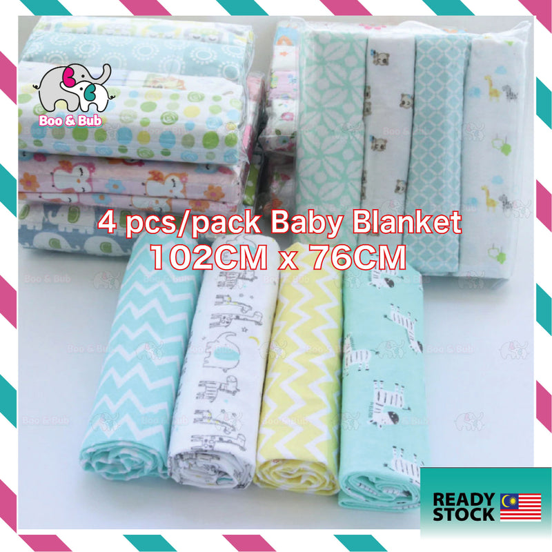 Boo&Bub 102 x 76 cm 4pcs/pack baby blankets | newborn crib sheets cot linen 100% cotton Flannel printing Muslin Diaper