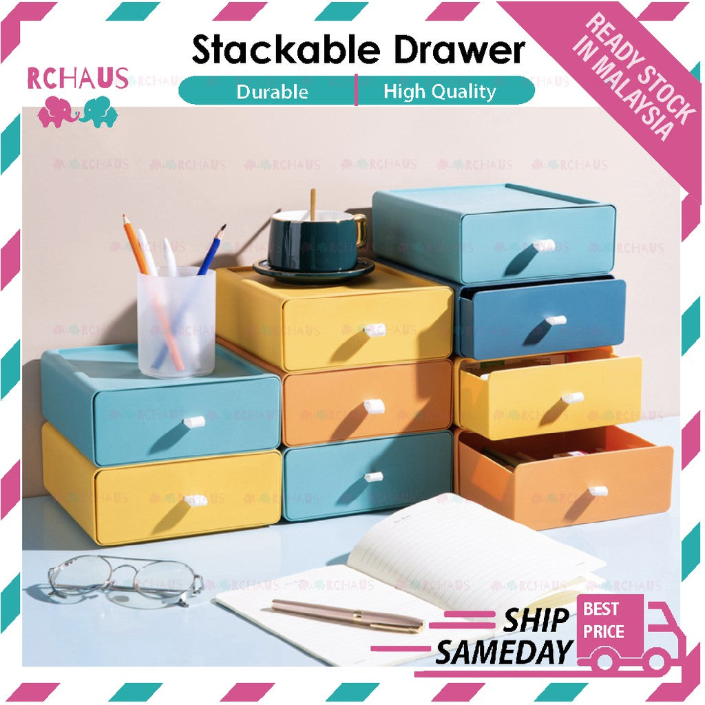 Colorful Stackable Drawers | Small Plastic Desktop Storage Box With Handle Makeups, Bathroom, Dorm, Desk, Vanity - Boo & Bub