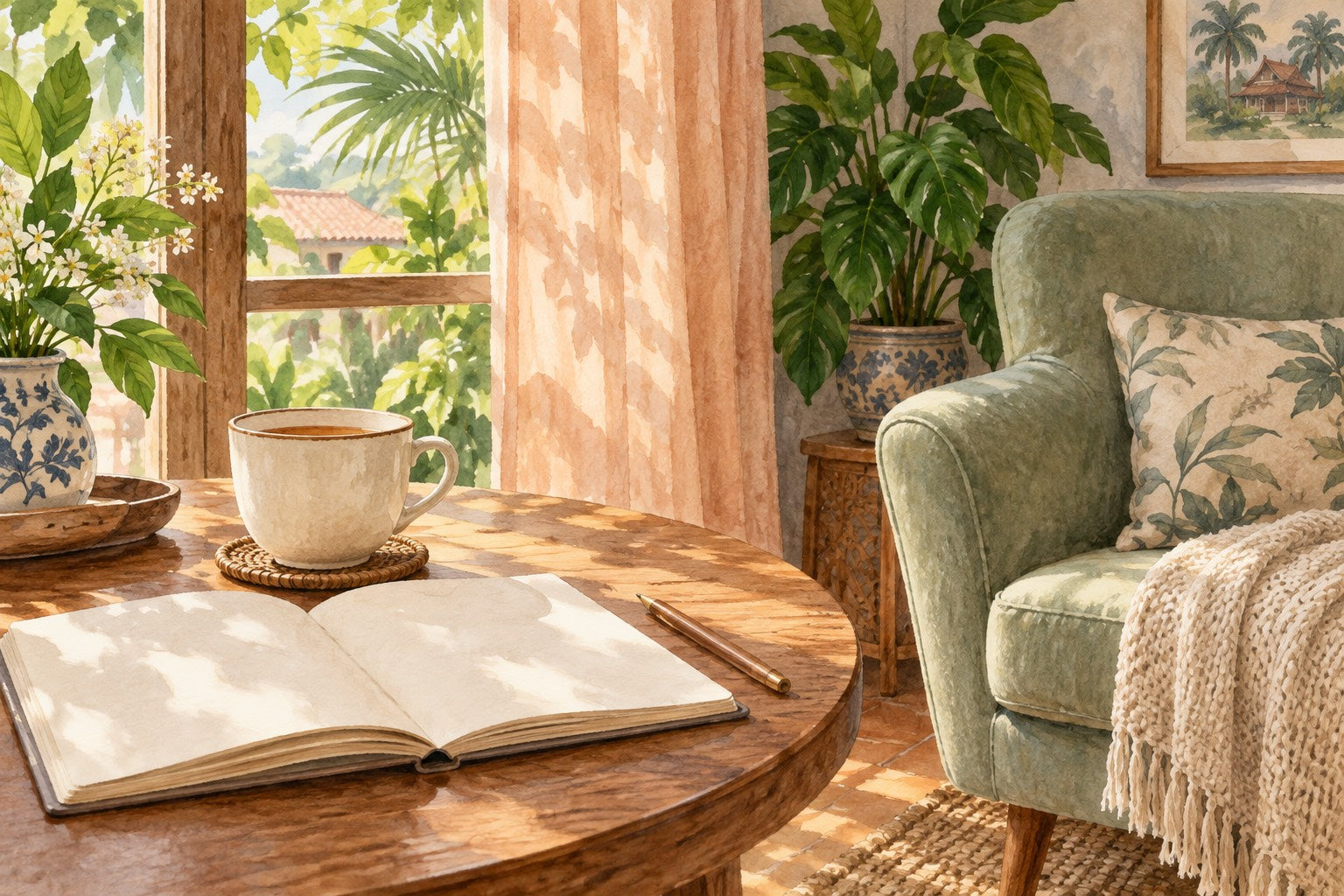 Watercolor illustration of a quiet corner with a notebook and cup of tea