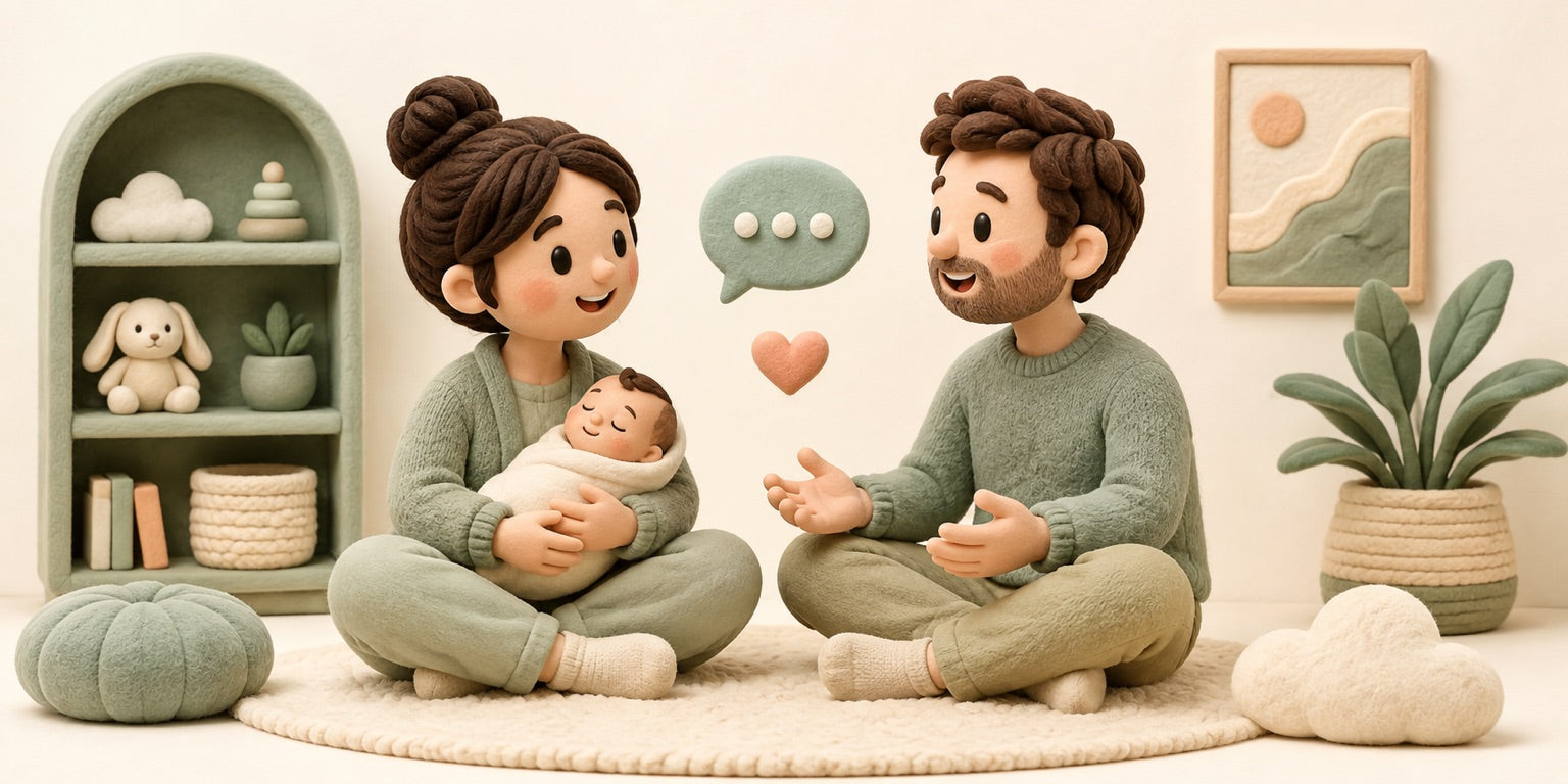 Illustration of parents chatting with a baby