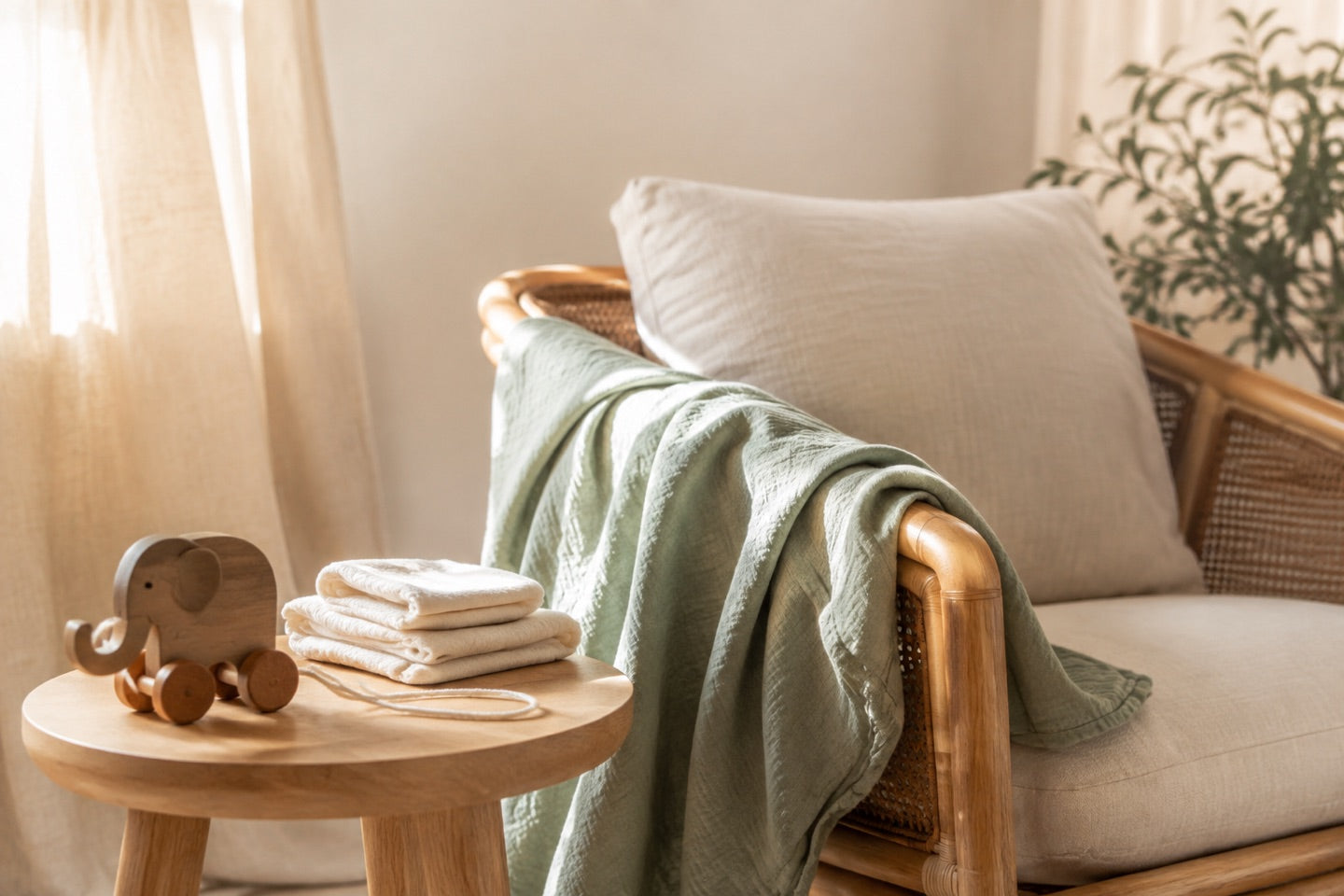 A sunlit corner with soft linens and a wooden elephant